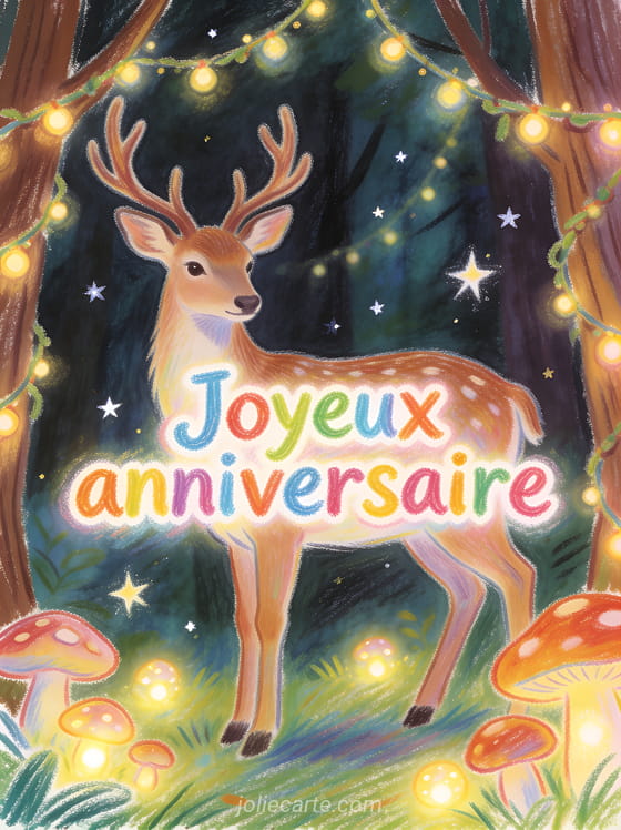 Cerf majestueux aux bois décorés de guirlandes et étoiles dans une forêt enchantée avec champignons lumineux