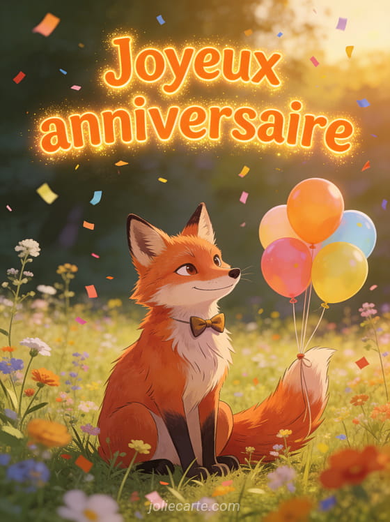 Renard roux espiègle avec noeud papillon dans un champ de fleurs, ballons colorés attachés à sa queue et confettis