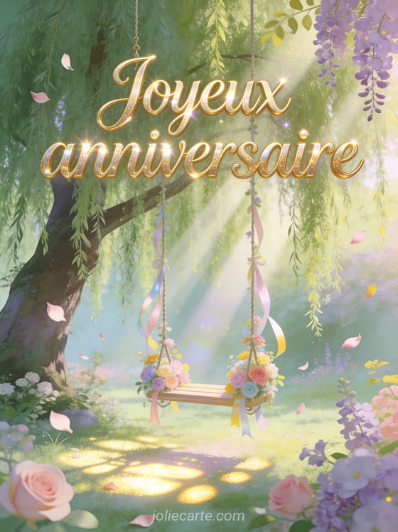 Paysage de jardin avec balançoire décorée de fleurs et rubans sous un grand saule pleureur avec rayons de soleil et pétales volants