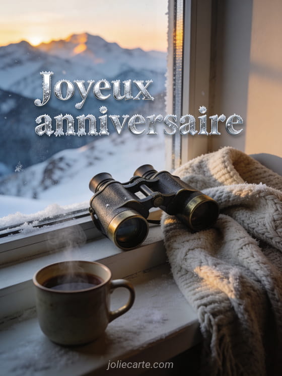 Jumelles anciennes sur rebord de fenêtre avec panorama de montagnes enneigées, plaid en laine et tasse fumante