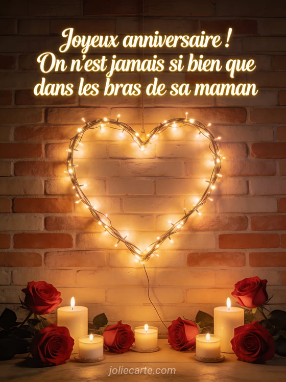 Grand coeur lumineux composé de guirlandes lumineuses sur un mur de briques avec roses rouges et bougies allumées en ambiance tamisée