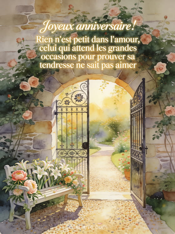 Jardin anglais avec roses grimpantes sur mur de pierre, portail en fer forgé et allée menant à un banc fleuri