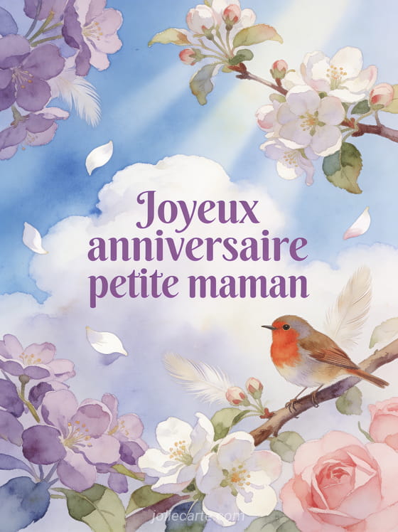 Petit rouge-gorge posé sur une branche de pommier en fleurs avec pétales blancs et roses tombant sous un ciel bleu avec rayons de soleil