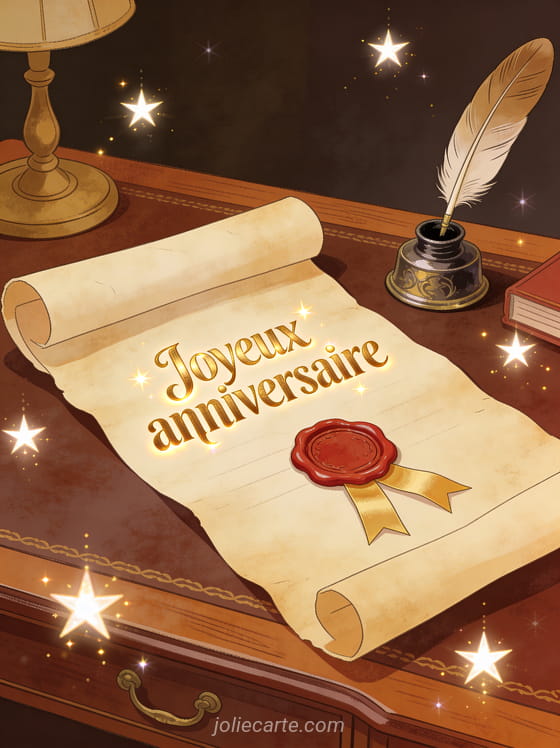 Parchemin ancien déroulé avec sceau en cire rouge et ruban doré sur bureau en acajou, plume d'oie et encrier