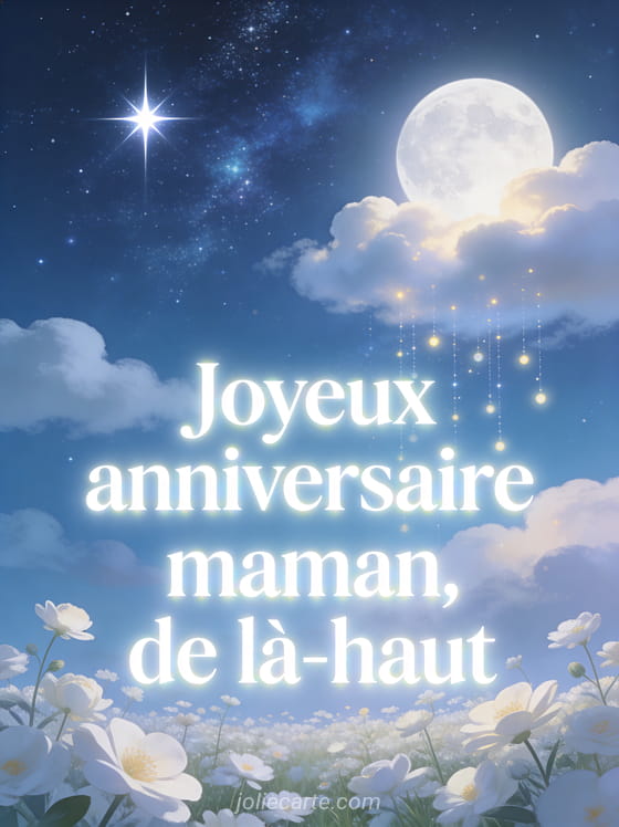 Ciel étoilé magnifique avec une étoile brillante des nuages doux éclairés par la lune des lumières féeriques et un champ de fleurs blanches