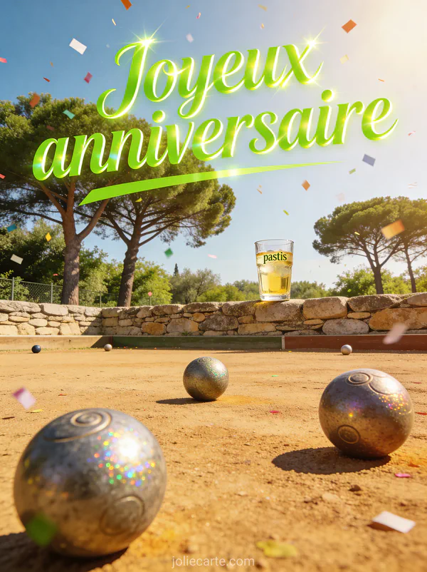 Terrain de pétanque ensoleillé avec boules brillantes, verre de pastis sur muret et platanes, lumière méditerranéenne
