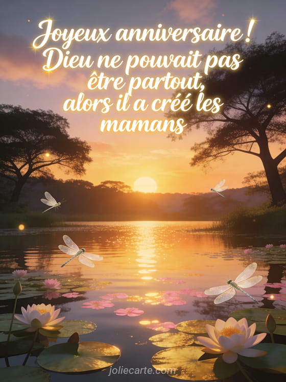 Coucher de soleil sur un lac tranquille avec reflets dorés et roses nénuphars en fleurs libellules et arbres aux silhouettes majestueuses