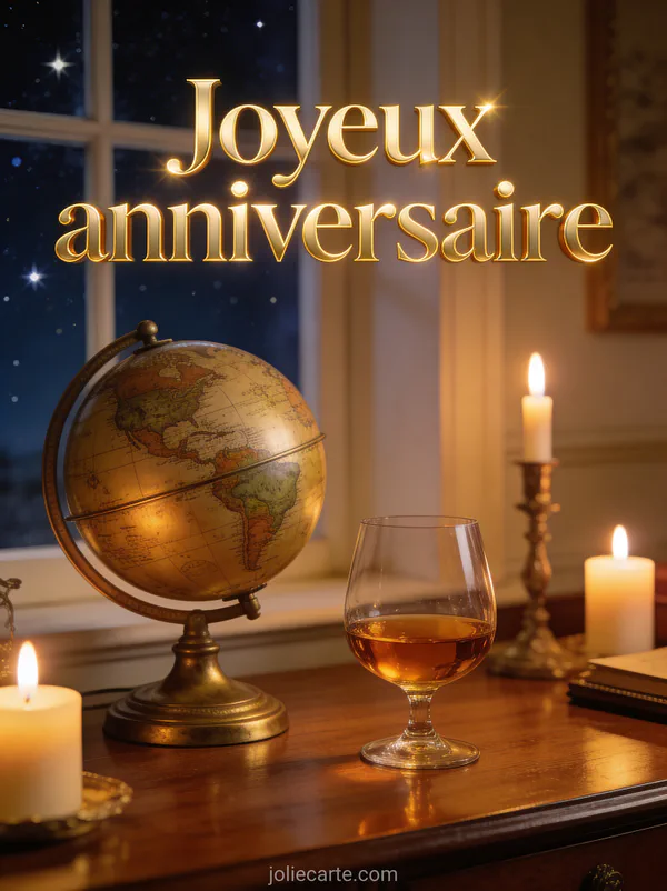 Globe terrestre ancien en laiton sur bureau en bois massif, verre de cognac, bougies allumées et ciel étoilé