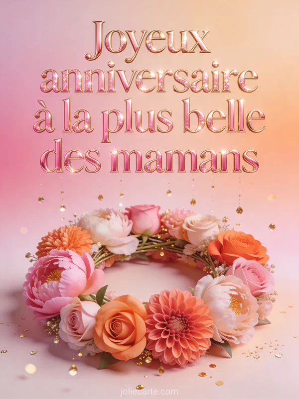 Couronne de fleurs avec pivoines roses roses et dahlias dans les tons corail avec paillettes dorées sur fond dégradé rose et pêche