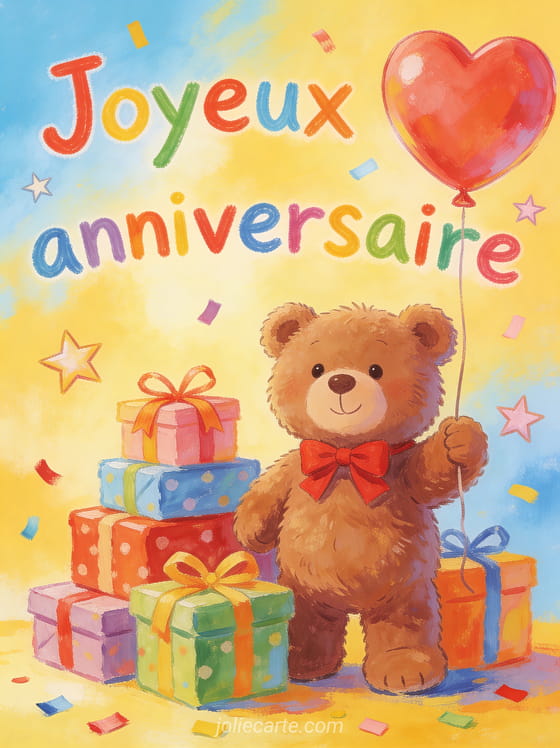 Ours en peluche brun avec noeud rouge tenant un ballon coeur, cadeaux colorés empilés, étoiles et confettis