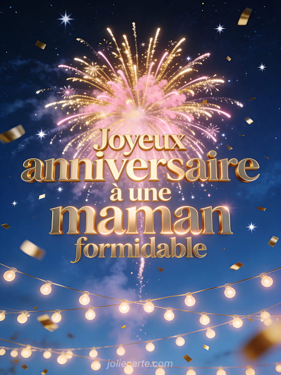 Feu d'artifice doré et rose éclatant dans un ciel nocturne bleu profond avec étoiles scintillantes confettis dorés et guirlandes lumineuses