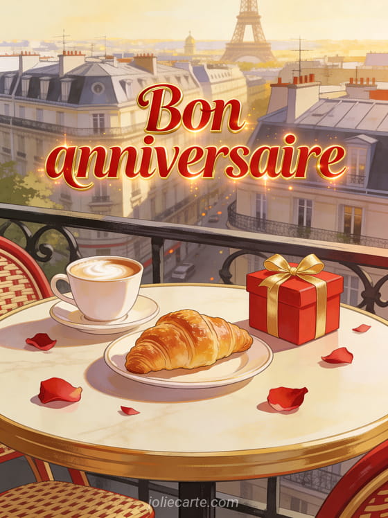 Table de bistrot parisien avec café crème, croissant doré, petit cadeau rouge et pétales de rose, toits de Paris