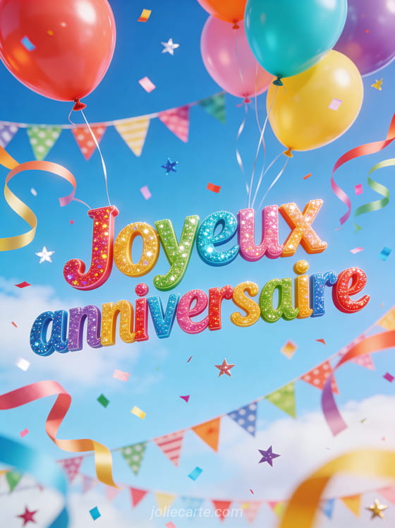 Ballons colorés s'envolant dans un ciel bleu avec rubans ondulants confettis multicolores guirlandes fanions et étoiles festives