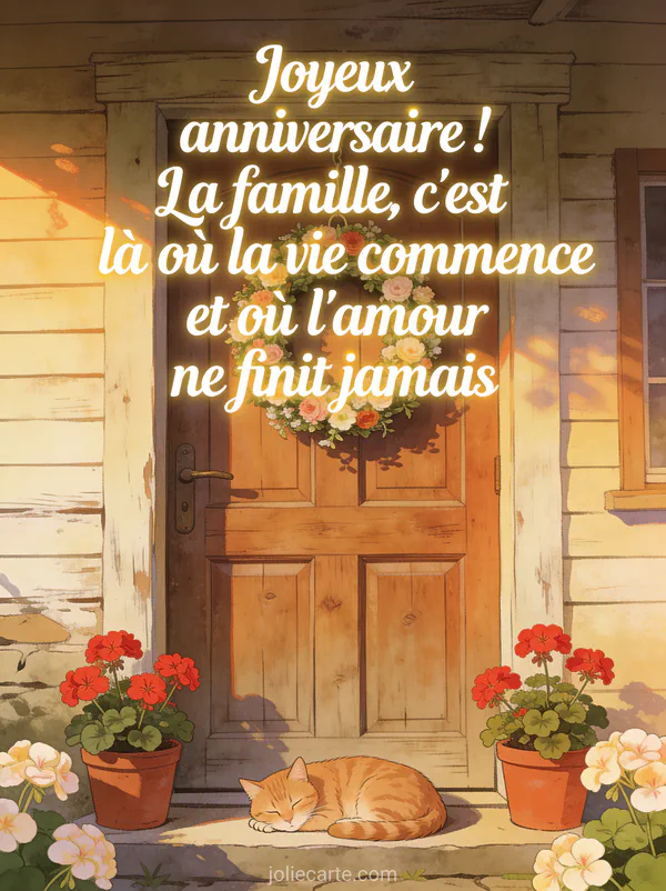 Porte d'entrée en bois de maison de campagne avec couronne de fleurs, géraniums rouges et chat roux endormi