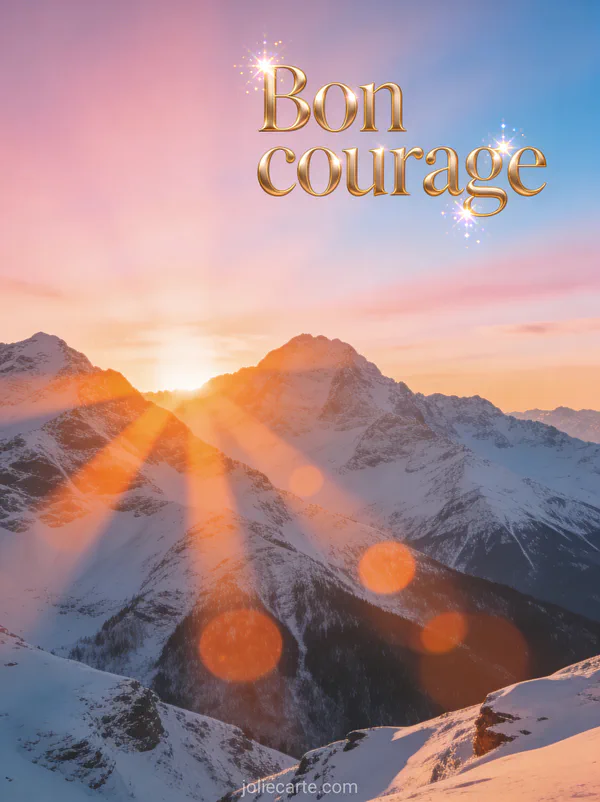 Paysage de montagne au lever du soleil avec rayons orangés traversant les sommets enneigés et le texte Bon courage en lettres dorées