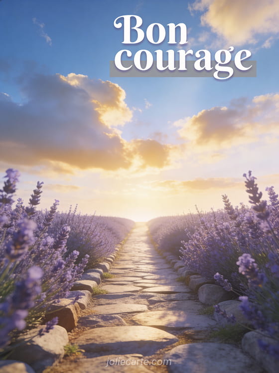 Chemin bordé de lavande menant vers un horizon lumineux avec ciel doré et le texte Bon courage en lettres blanches