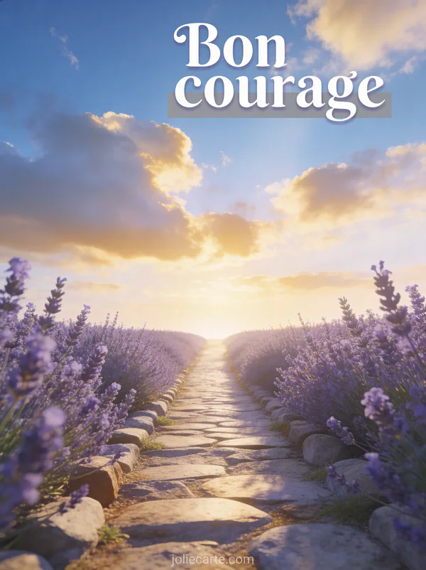 Chemin bordé de lavande menant vers un horizon lumineux avec ciel doré et le texte Bon courage en lettres blanches