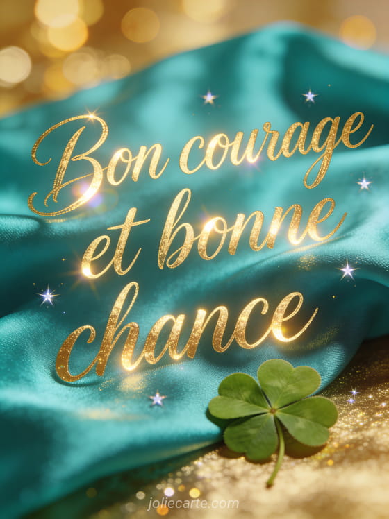 Trèfle à quatre feuilles posé sur un tissu de soie turquoise avec étoiles scintillantes et le texte Bon courage et bonne chance en lettres dorées
