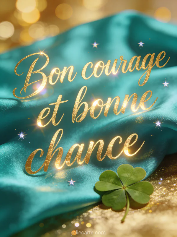 Trèfle à quatre feuilles posé sur un tissu de soie turquoise avec étoiles scintillantes et le texte Bon courage et bonne chance en lettres dorées