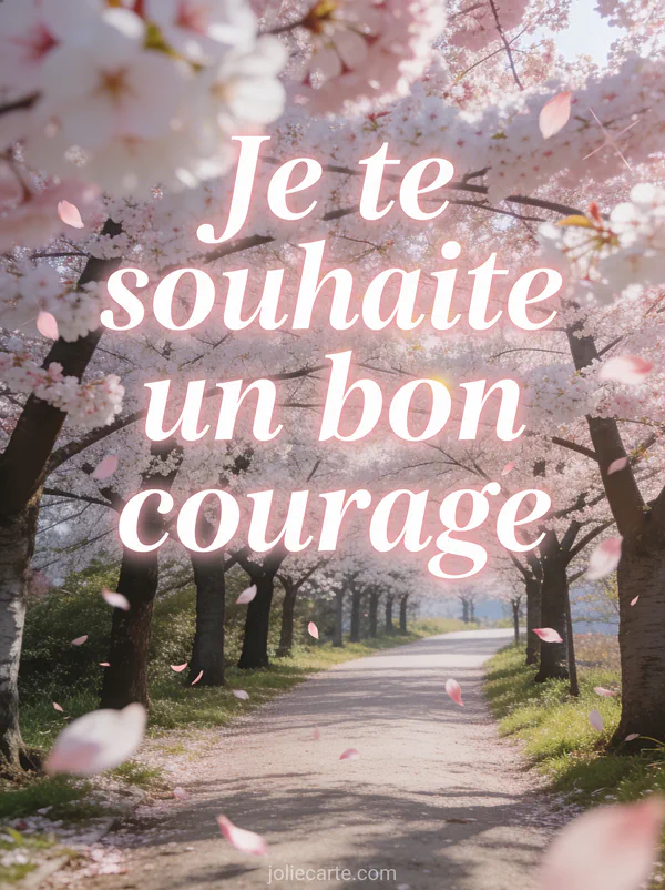 Allée de cerisiers en fleurs avec pétales volant dans la brise et le texte Je te souhaite un bon courage en lettres blanches