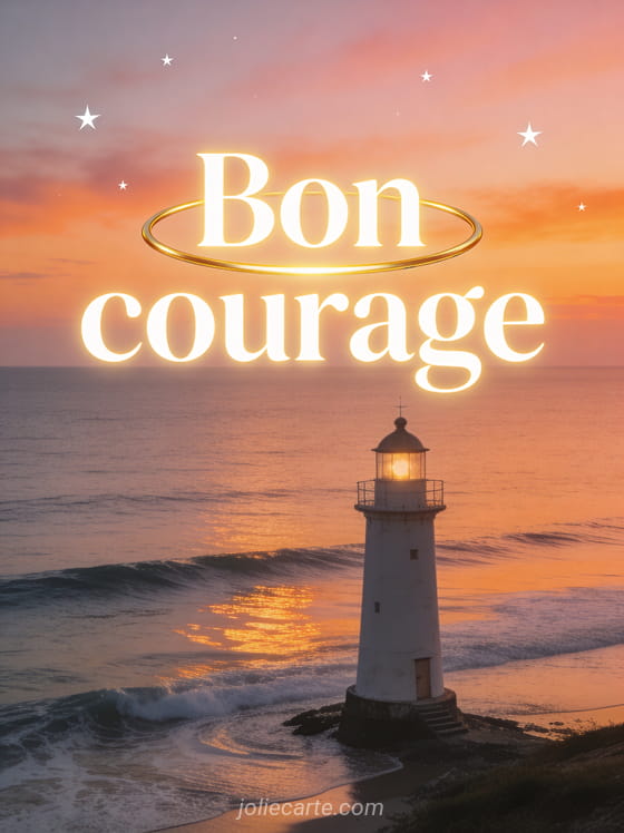 Phare au bord de la mer au crépuscule avec vagues calmes et étoiles apparaissant et le texte Bon courage en lettres lumineuses