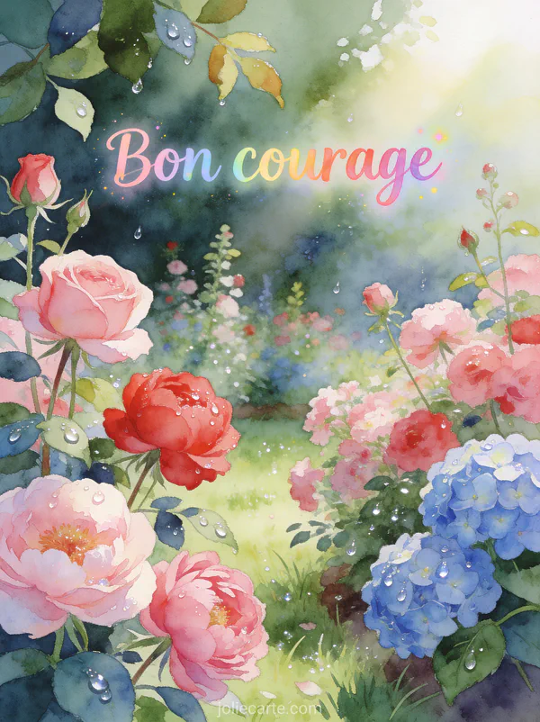 Jardin fleuri avec roses pivoines et hortensias dans la lumière du matin avec rosée et le texte Bon courage en lettres aquarelle