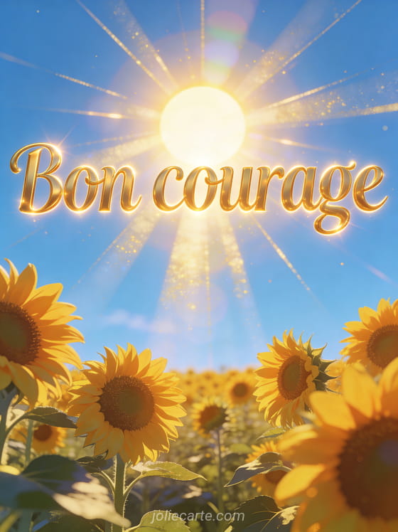 Champ de tournesols sous un soleil radieux avec rayons de lumière dorée et ciel bleu limpide et le texte Bon courage en lettres dorées