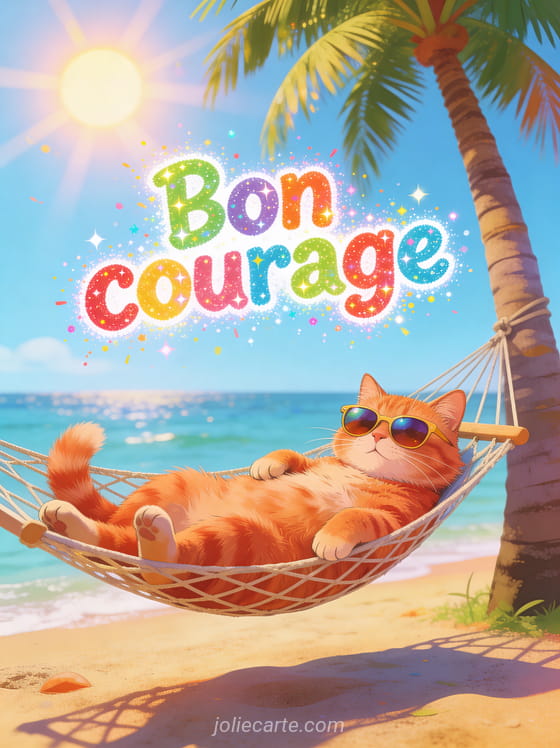 Chat roux avec lunettes de soleil allongé dans un hamac sous un palmier dans une scène tropicale et le texte Bon courage en lettres colorées