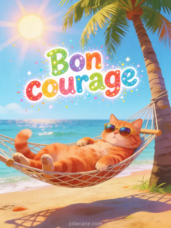 Chat roux avec lunettes de soleil allongé dans un hamac sous un palmier dans une scène tropicale et le texte Bon courage en lettres colorées