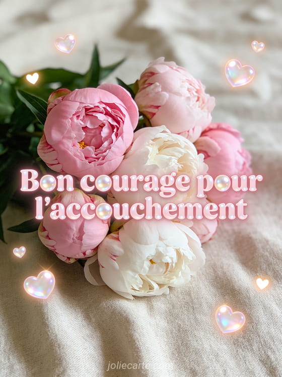 Bouquet de pivoines roses et blanches avec petits coeurs lumineux flottants et le texte Bon courage pour l'accouchement en lettres roses