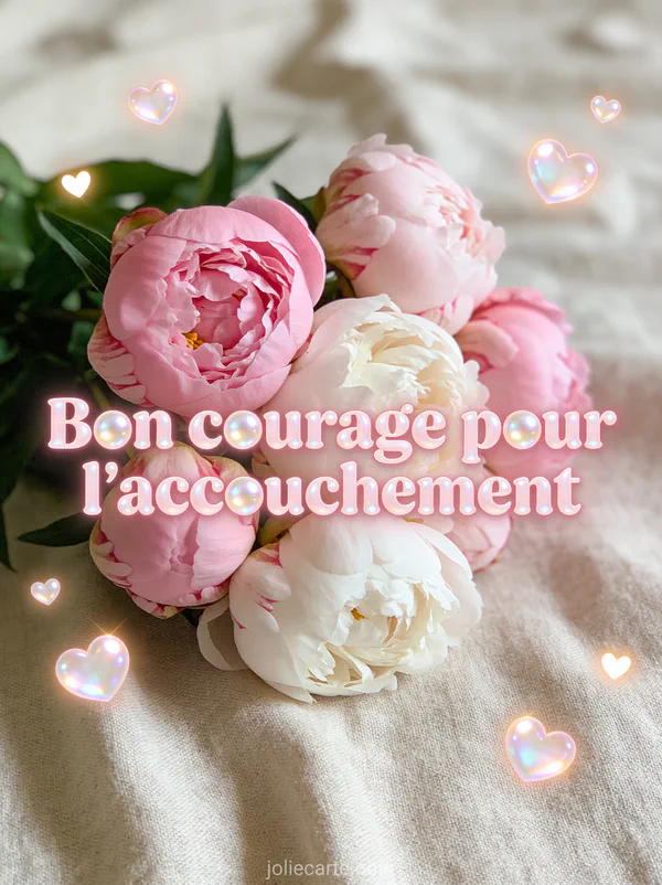 Bouquet de pivoines roses et blanches avec petits coeurs lumineux flottants et le texte Bon courage pour l'accouchement en lettres roses