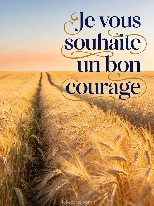 Paysage de campagne française avec champ de blé doré sous un ciel immense et le texte Je vous souhaite un bon courage en lettres bleu nuit