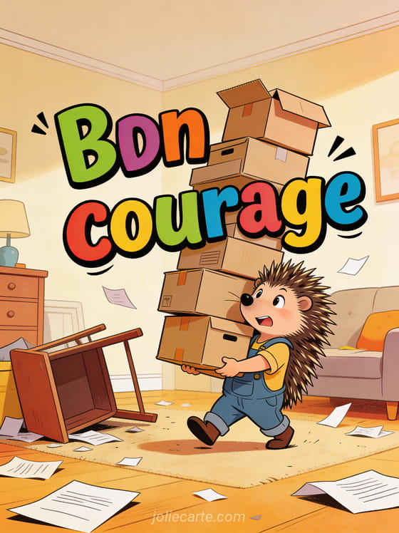 Hérisson en salopette portant une pile de cartons de déménagement en équilibre précaire avec expression déterminée et le texte Bon courage