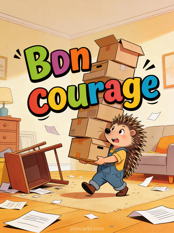 Hérisson en salopette portant une pile de cartons de déménagement en équilibre précaire avec expression déterminée et le texte Bon courage