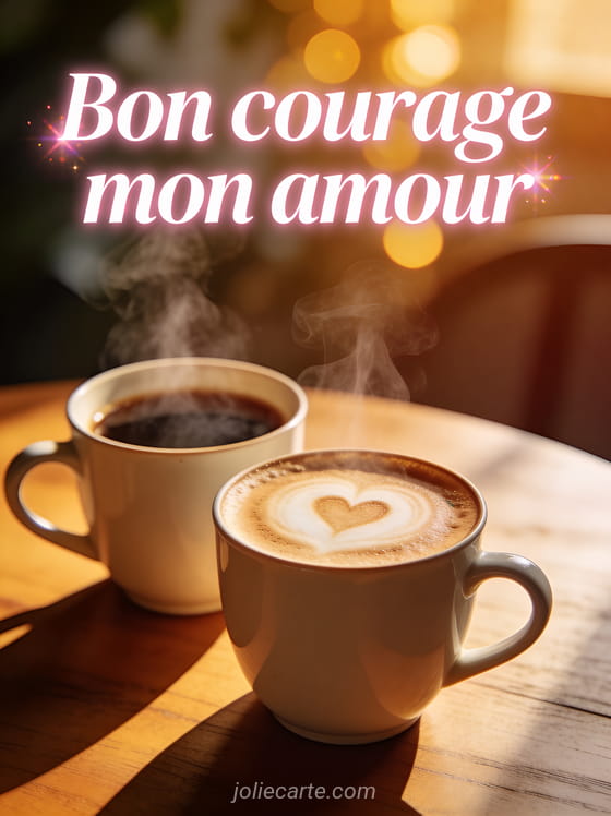 Deux tasses de café fumant avec coeur en latte art posées côte à côte sur une table en bois et le texte Bon courage mon amour