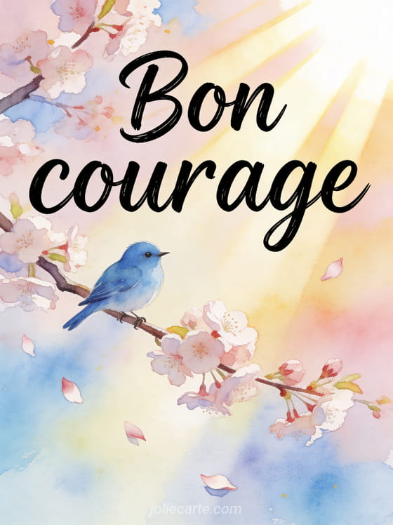 Petit oiseau bleu perché sur une branche de cerisier en fleurs avec pétales tombant et fond pastel lumineux et le texte Bon courage
