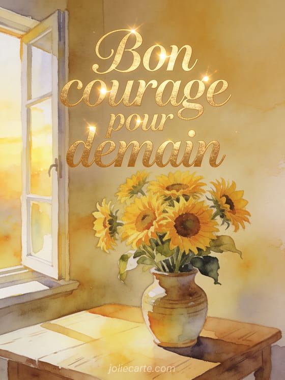 Bouquet de tournesols dans un vase en céramique sur une table en bois près d'une fenêtre avec le texte Bon courage pour demain