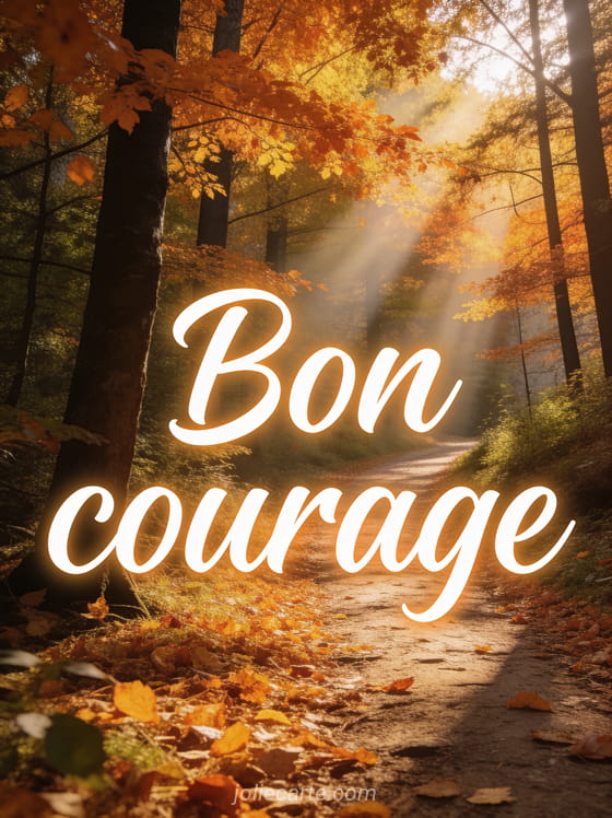 Sentier forestier tapissé de feuilles d'automne dorées et orangées avec rayons de soleil filtrant entre les arbres et le texte Bon courage