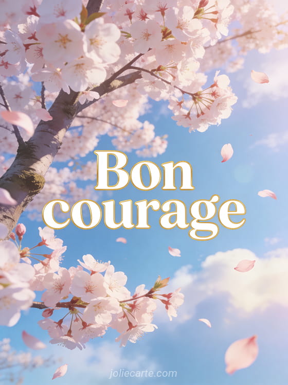 Arbre en fleurs de cerisier sous un ciel bleu avec des pétales qui volent et le texte Bon courage