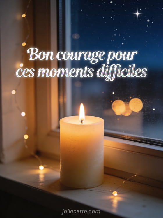 Bougie allumée posée sur un rebord de fenêtre avec vue sur un ciel étoilé et petites lumières scintillantes et le texte Bon courage pour ces moments difficiles