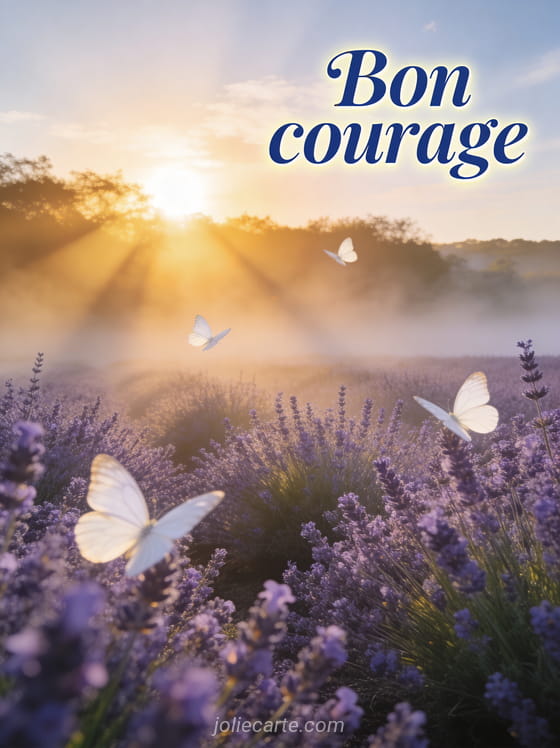 Lever de soleil au-dessus d'un champ de lavande avec des rayons dorés traversant la brume et des papillons blancs avec le texte Bon courage