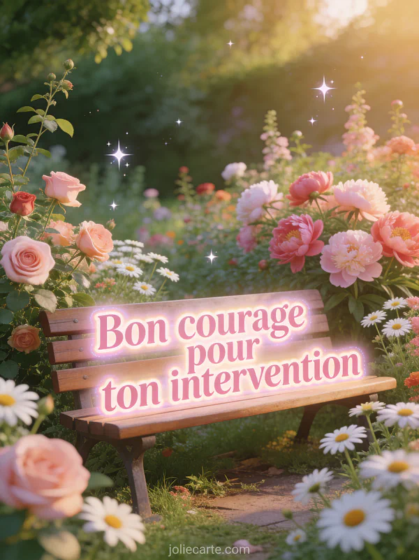 Jardin fleuri avec roses, pivoines et marguerites vu depuis un banc en bois sous une lumière chaude avec le texte Bon courage pour ton intervention