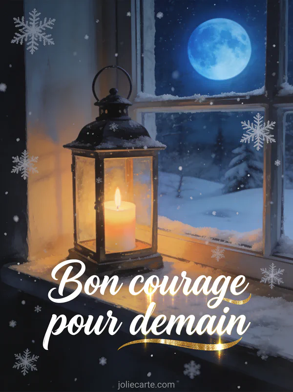 Lanterne allumée sur un rebord de fenêtre avec vue sur un paysage enneigé au clair de lune et le texte Bon courage pour demain