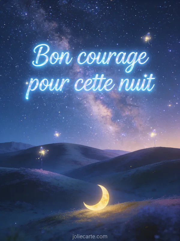 Ciel étoilé avec voie lactée au-dessus d'un paysage vallonné avec lucioles et croissant de lune doré et le texte Bon courage pour cette nuit