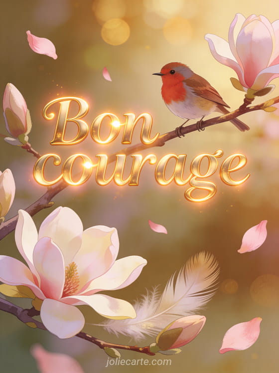 Oiseau rouge-gorge perché sur une branche de magnolia en fleurs avec des pétales roses et un bokeh doré avec le texte Bon courage
