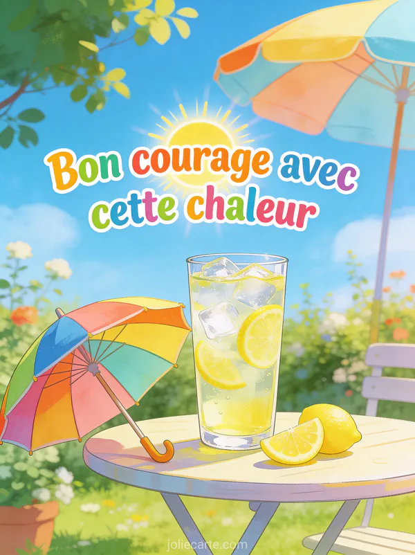Verre de limonade glacée avec glaçons et rondelles de citron sur une table de jardin sous un parasol coloré et le texte Bon courage avec cette chaleur