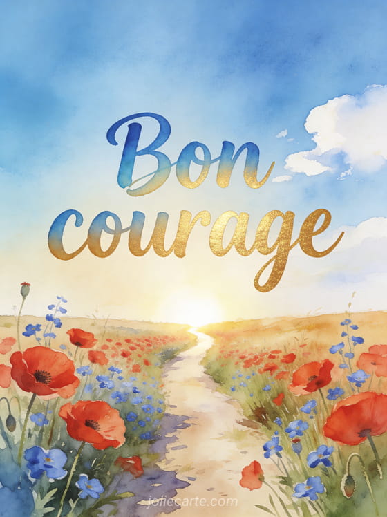 Chemin de campagne bordé de coquelicots et de bleuets menant vers un horizon lumineux sous un ciel bleu avec le texte Bon courage