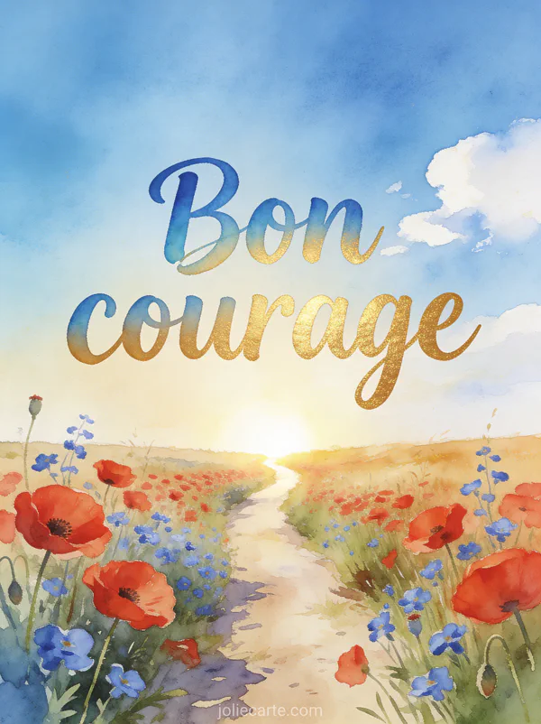 Chemin de campagne bordé de coquelicots et de bleuets menant vers un horizon lumineux sous un ciel bleu avec le texte Bon courage