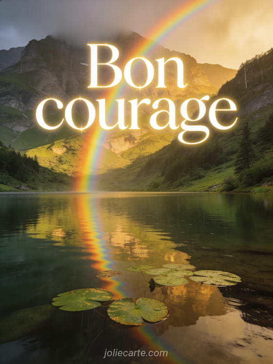 Arc-en-ciel au-dessus d'un lac calme entouré de montagnes verdoyantes avec des nénuphars et une lumière dorée avec le texte Bon courage