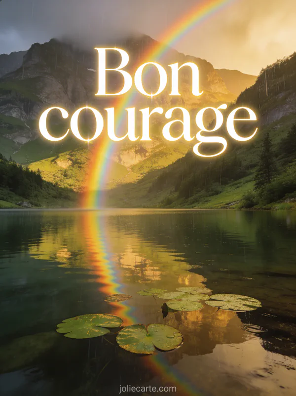 Arc-en-ciel au-dessus d'un lac calme entouré de montagnes verdoyantes avec des nénuphars et une lumière dorée avec le texte Bon courage
